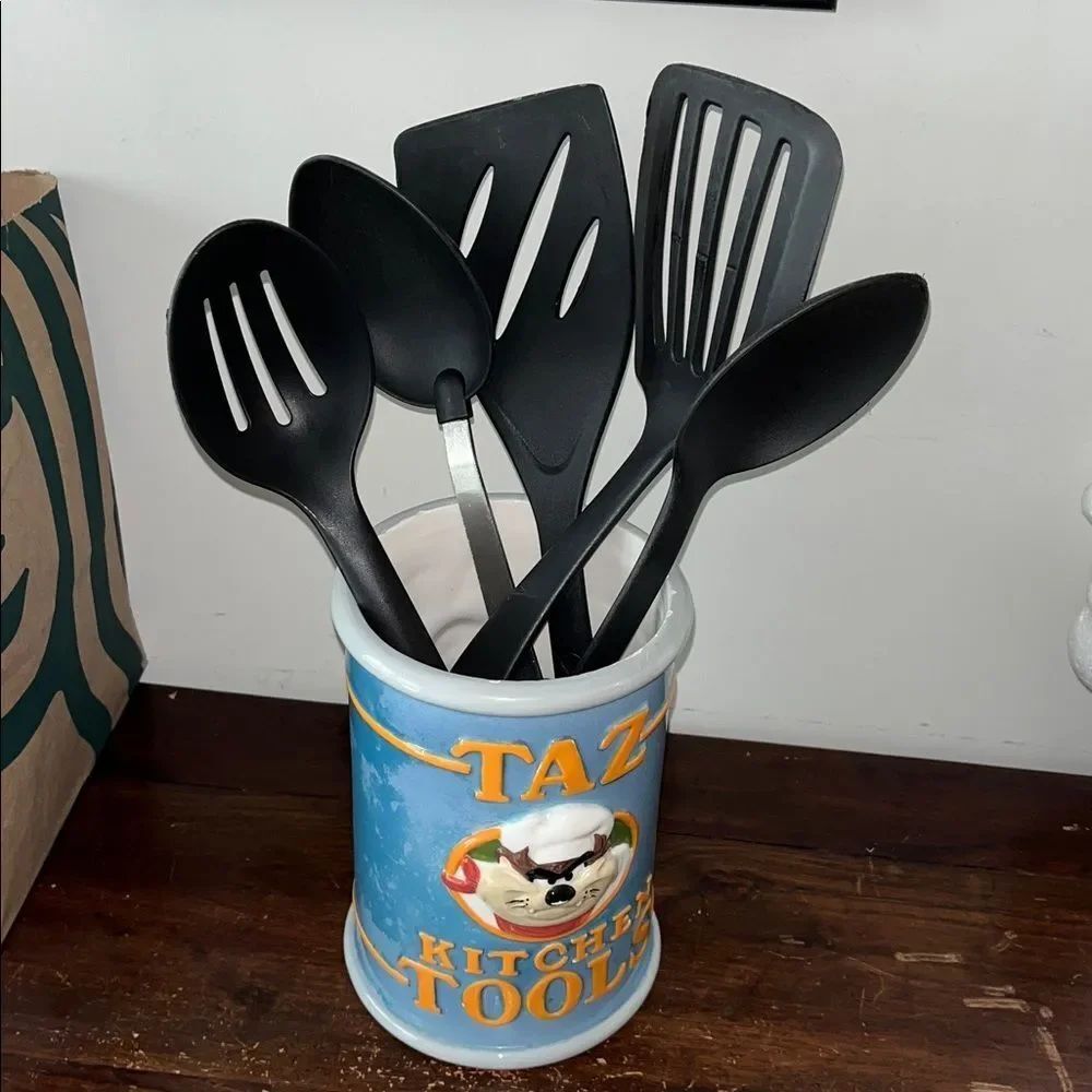 Five (5) plastic kitchen, utensils, 2 pancake flipper slotted, spoon solid spoon